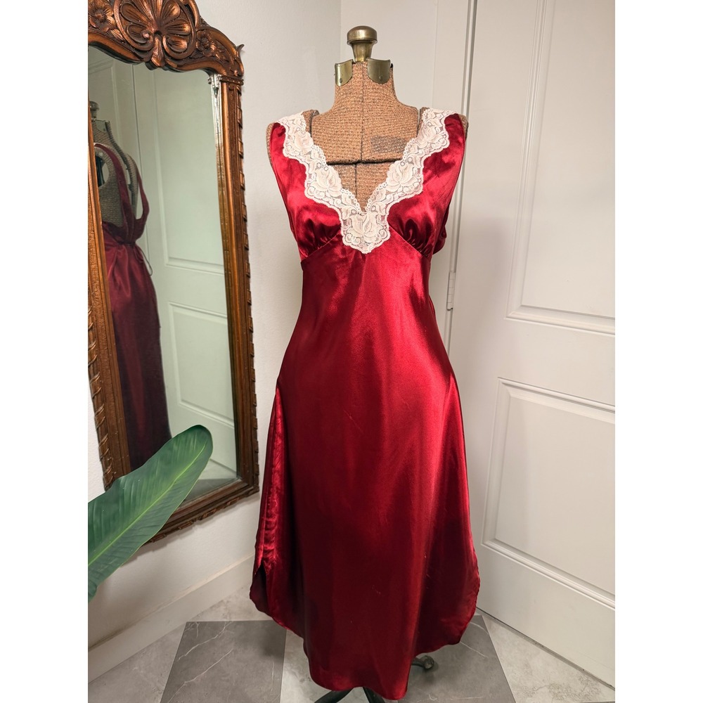 Cinema Etoile Red Satin Lace Trim Nightgown V-Back Tie Midi Slip Dress Large